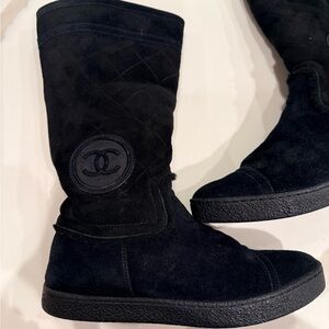 CHANEL Black Suede Mid-Calf CC Logo Boots